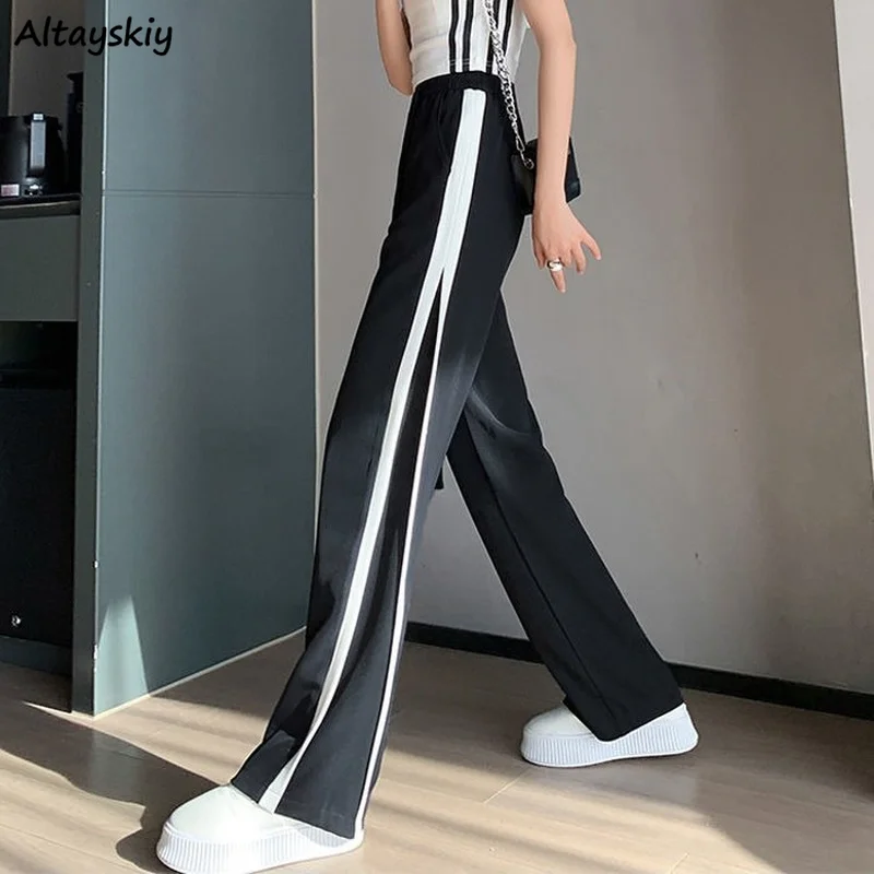 

Basic Casual Pants Women Summer Wide Leg Trousers Side Striped Loose Tracksuits Female Elegant All-match Mopping Joggers Chic