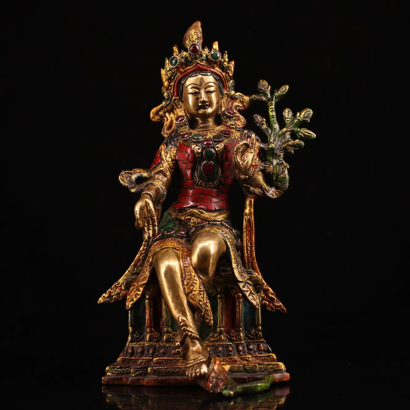 

11"Tibet Buddhism Old Bronze Gem Painted outline in gold Seven eyes Green Tara Sitting Buddha Enshrine the Buddha
