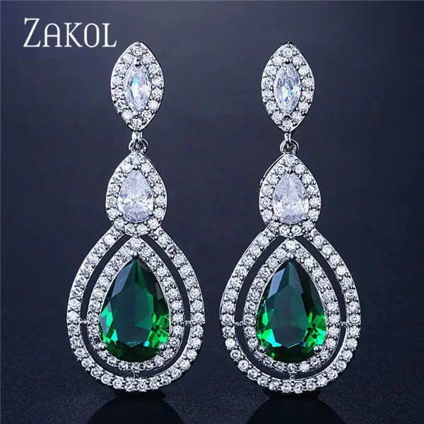 Green ZAKOL блестящие висячие серьги в виде капли воды с фианитами для невест, модные свадебные ювелирные изделия с кристаллами, Brinco FSEP2313 - Окраска металла: Green