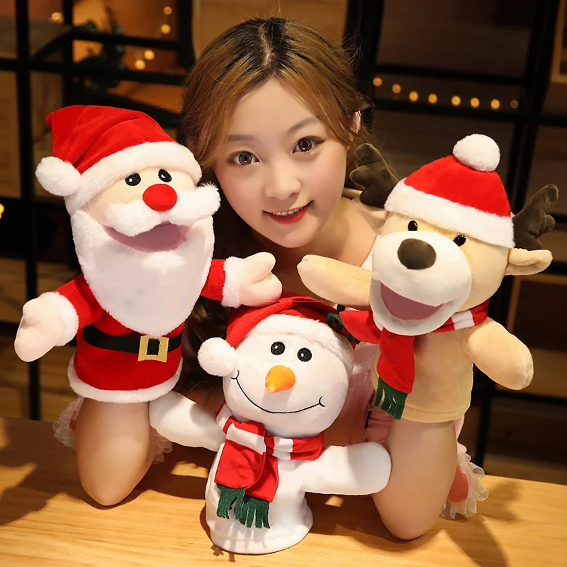 Muñeco de Navidad de dibujos animados Kawaii de 30CM, marioneta de mano de felpa, Papá Noel, alce, muñeco de nieve, juguete, juego interactivo para padres e hijos, regalo de Navidad