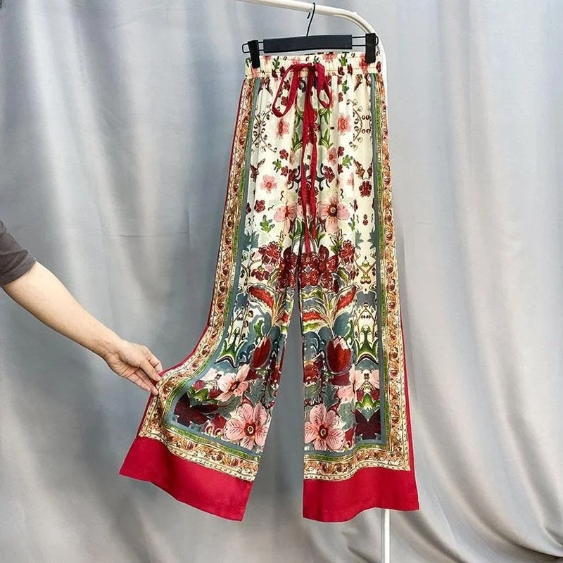 

2022 New Fashion Ladies Summer Casual Retro Printing Bohemian Elastic Waist Beach Vacation Wide Leg Pants Large Size Y832