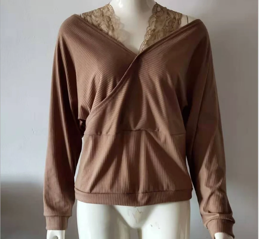 

Sexy Solid Color Lace V-neck Sling Strapless Long-sleeved Women's Top Casual Elegant Knitted All-match Office Stitching T-shirt