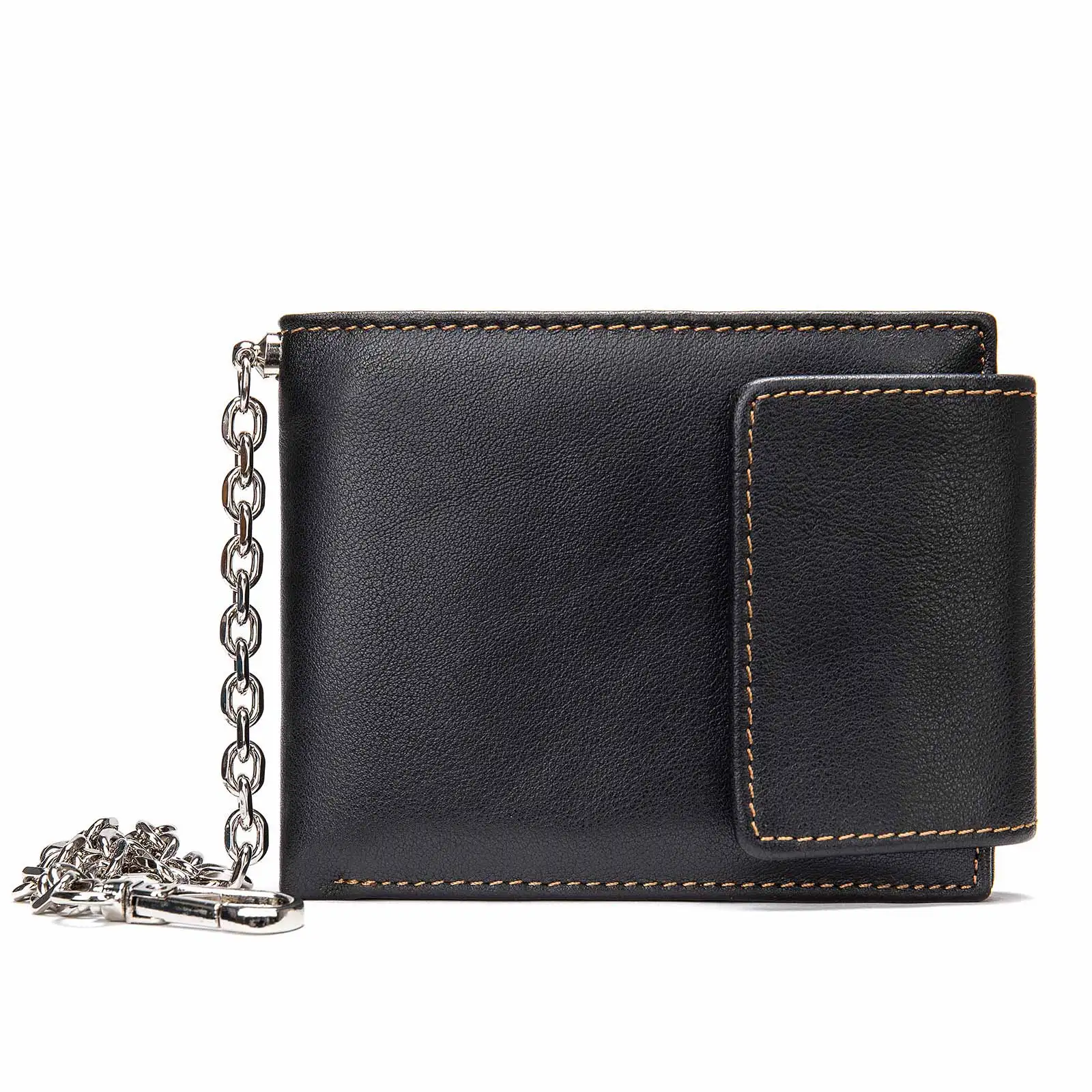 Men's Genuine Leather Short Wallet Iron Chain Card Bag Buckle Coin Purse Retro Wallet RFID Anti-theft Brush Wallet