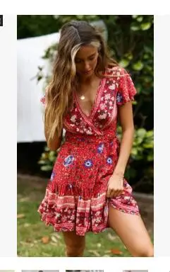 

1pcs/lot bohemian short print dress deep v neck knee length summer floral beach dress