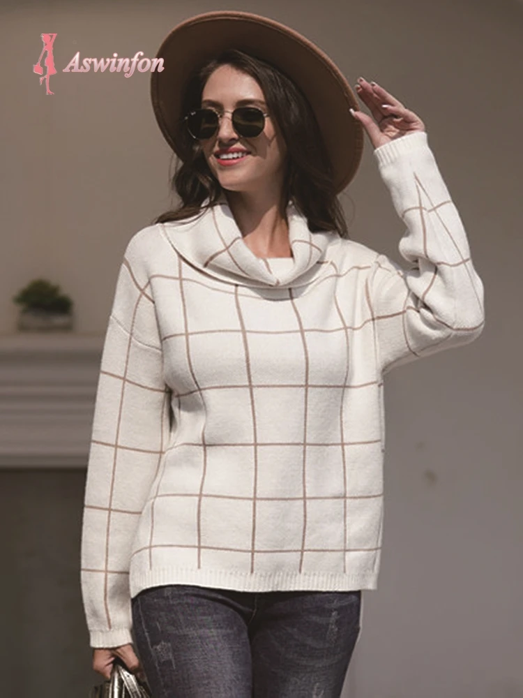 Aswinfon Checkered Turtleneck Sweater Women Loose Knitted Pullovers Autumn Winter Knit Pullover Long Sleeve Jumper Lady | Женская одежда