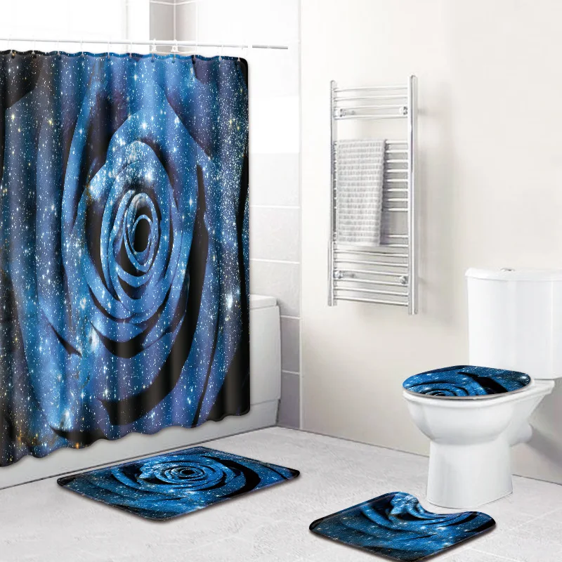 

Floral Printed Bath Mat Set with Bathroom Curtain Bathroom Carpet Shower Curtain Washable Toilet Set Absorbent Bathroom Carpets
