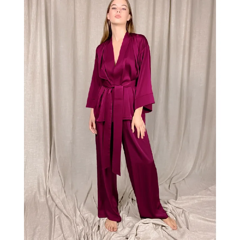 

Solid Women Robes With Sashes 2 Piece Set Wrist Sleep Tops Satin Pants Loose Pajamas Casual Sleepwear Female Home Suits