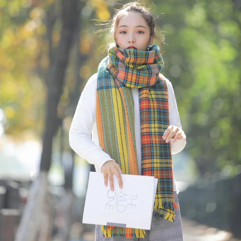 

70*240cm Green Department Cashmere Scarf Ladies Japanese Autumn and Winter Thick Plaid Scarfs Shawl Luxury Brand