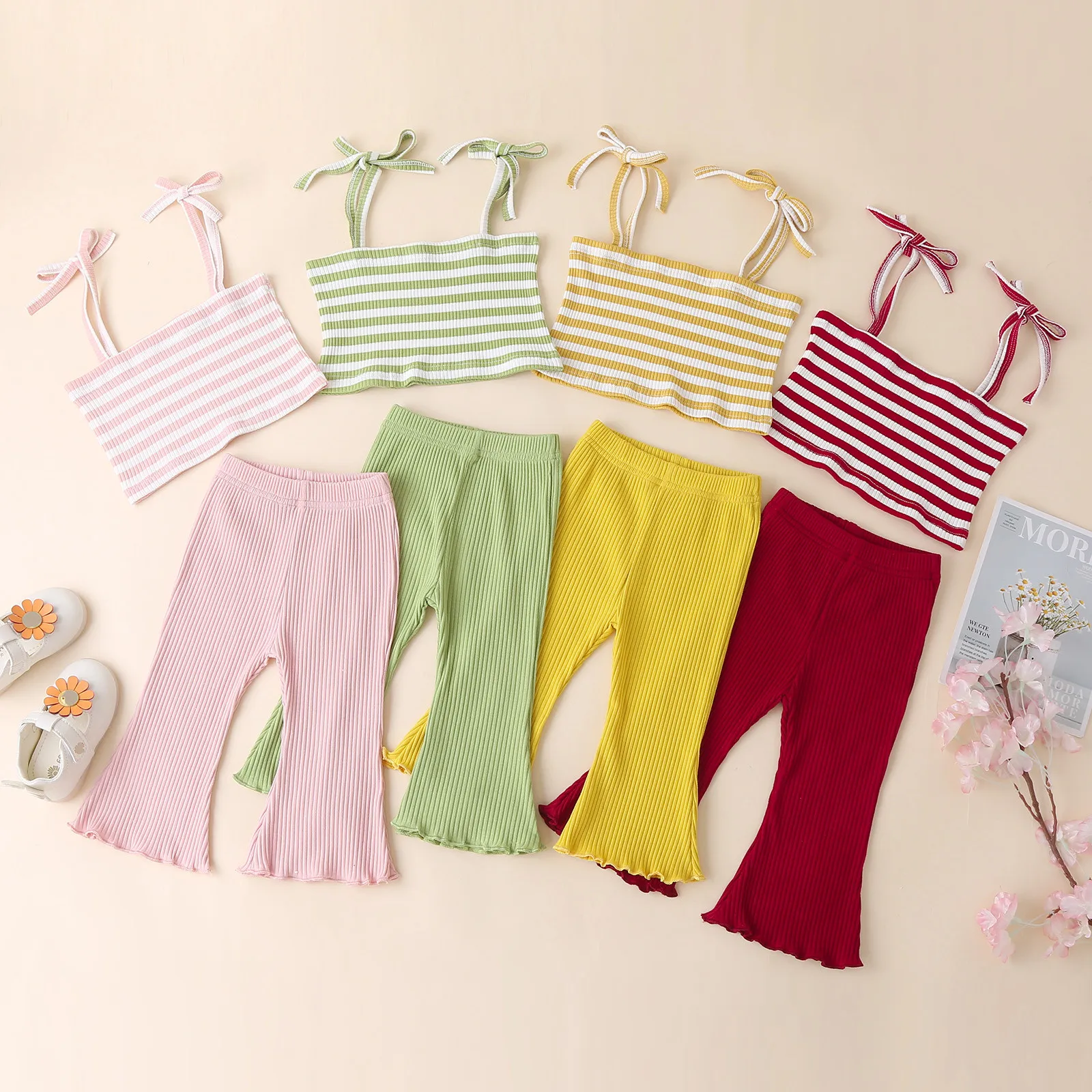 

Girl Outfits Newborn Baby Girl Clothes Summer Sleeveless Solid Sling Vest Rainbow Striped Tops+Bell-Bottomed Pant Set Outfit