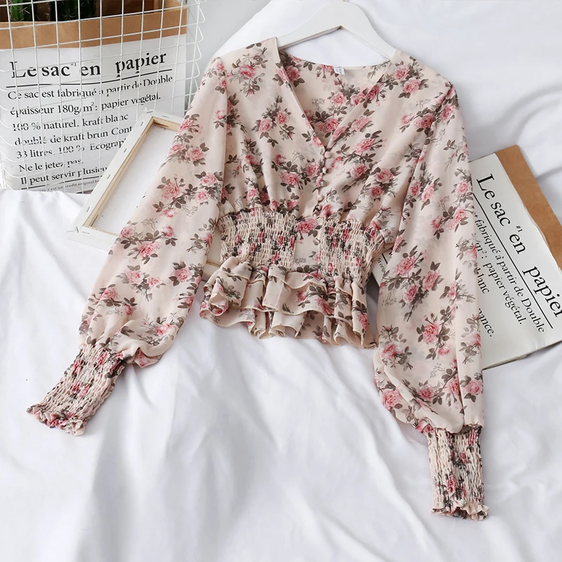 Summer Women Fashion V-neck Lantern Sleeve Tops Ruffles Shirts Sexy Ladies Sweet Retro Floral Chiffon Blouses Top Streetwear