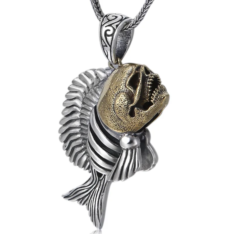 

925 Sterling Silver Skull Fish Pendant For Men and Women Personalized Gift Retro Punk Rock Style