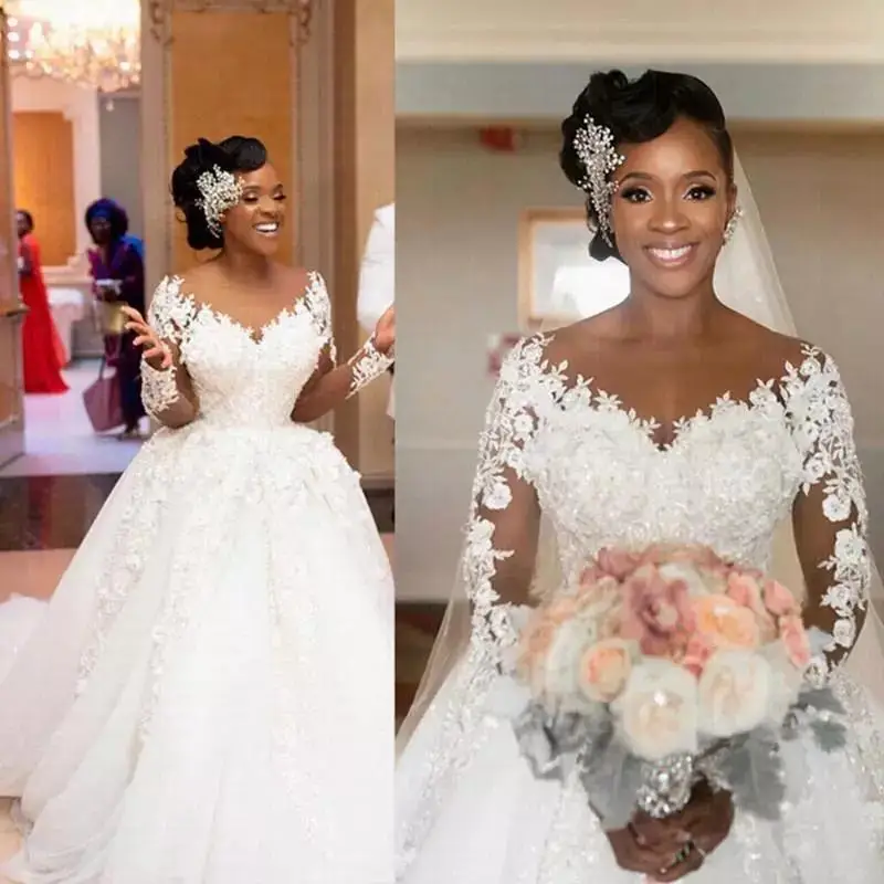

Plus Size Wedding Dresses Long Sleeves Lace Applique Beaded Sweep Train Custom Made Beach Custom Wedding Bridal Gown vestido de