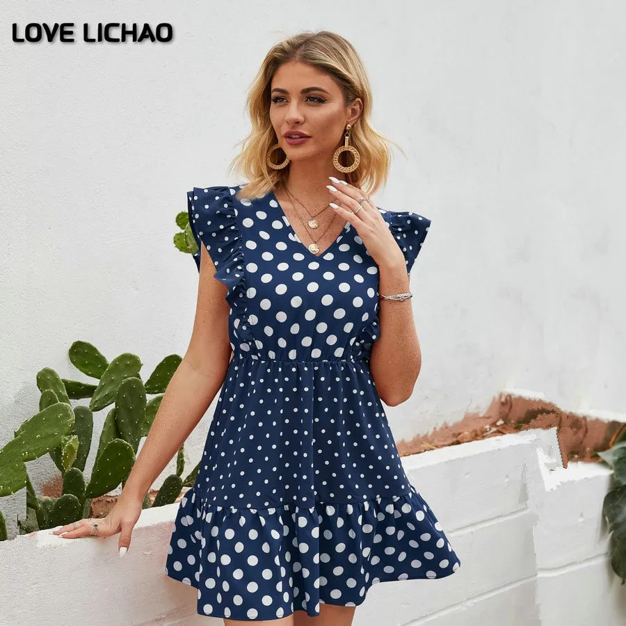 

Women Dress 2021 Summer New Fashion Dot Stitching Ruffled Sleeveless Short Dress Black V-neck A-line Casual Summer Dress Chiffon