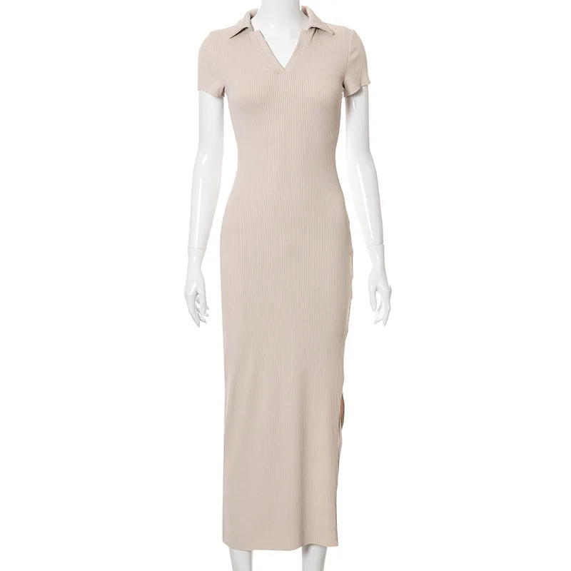 

Elegant Knitted Bodycon Maxi Dress Women Summer 2021 Casual Vacation Party Short Sleeve Slit Tight Long Dresses Fashion Sundress