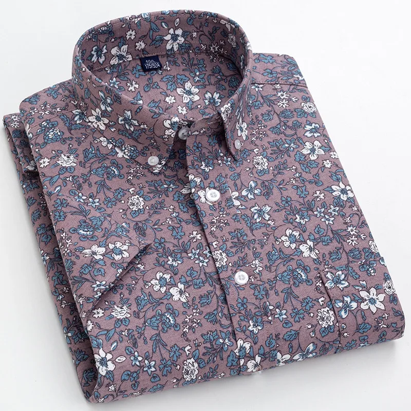 100% Cotton Men's Shirts Short-sleeve Summer Oxford Print Casual Luxury Floral Comfort Soft Slim Fit Single Pocket Plus Size Top