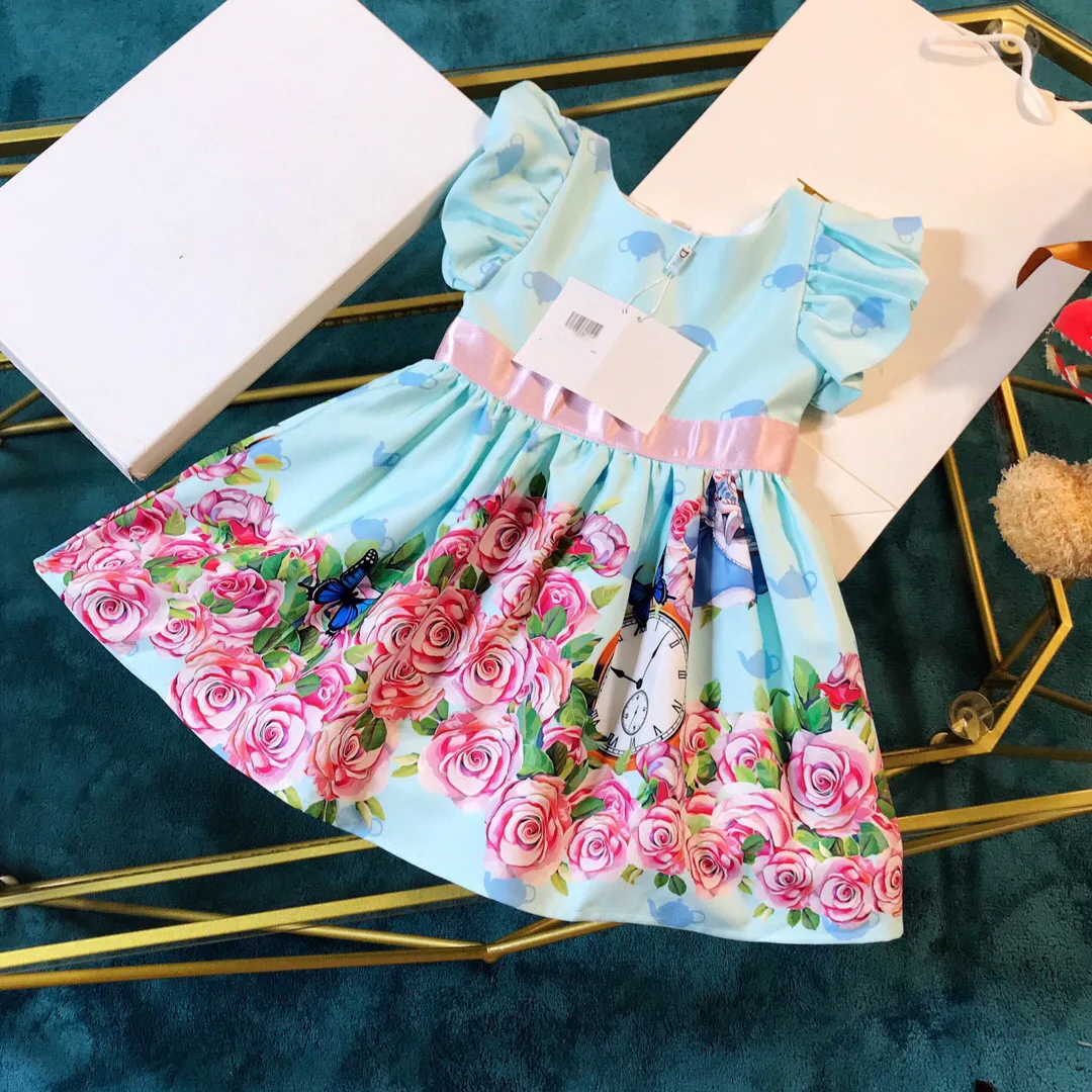 

Новинка лета 2021, детская одежда для девочек, топ, роскошное Брендовое платье небесно-голубого цвета с рукавами-фонариками для девочек