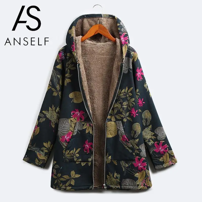 

Женская парка из искусственного меха, размера плюс с капюшоном и цветочным принтом, с боковыми карманами, теплая винтажная длинная верхняя ...