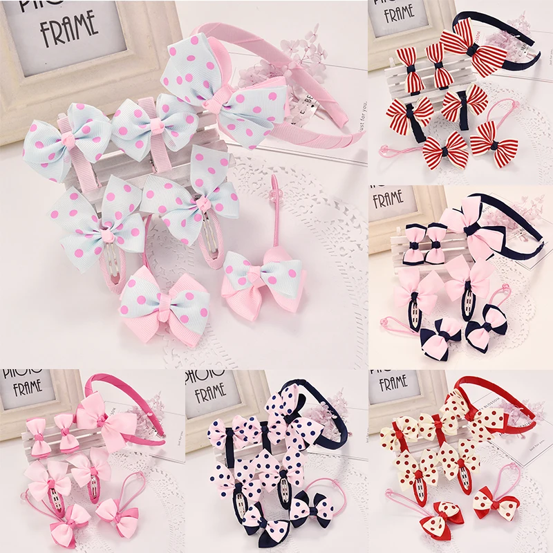 

7pcs/set Children Hair Clip Set for Birthday Gift Stripe Dots Pattern Hairpins Cute Hair Rope Girl Headwear Hair Accessories Set