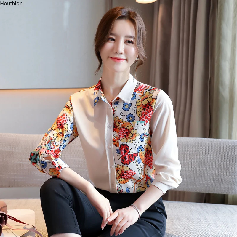 

Autumn New Women's Blouses Polo Shirt Long Sleeve Tops Stitching Blouse Printing Chiffon Casual Fashion Lady Loose