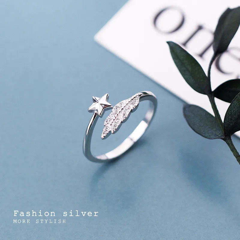WANTME Cute Opening Adjustable Feather Pentagram Star Rings for Women Real 100% 925 Sterling Silver Minimalist Jewelry Accessory | Украшения