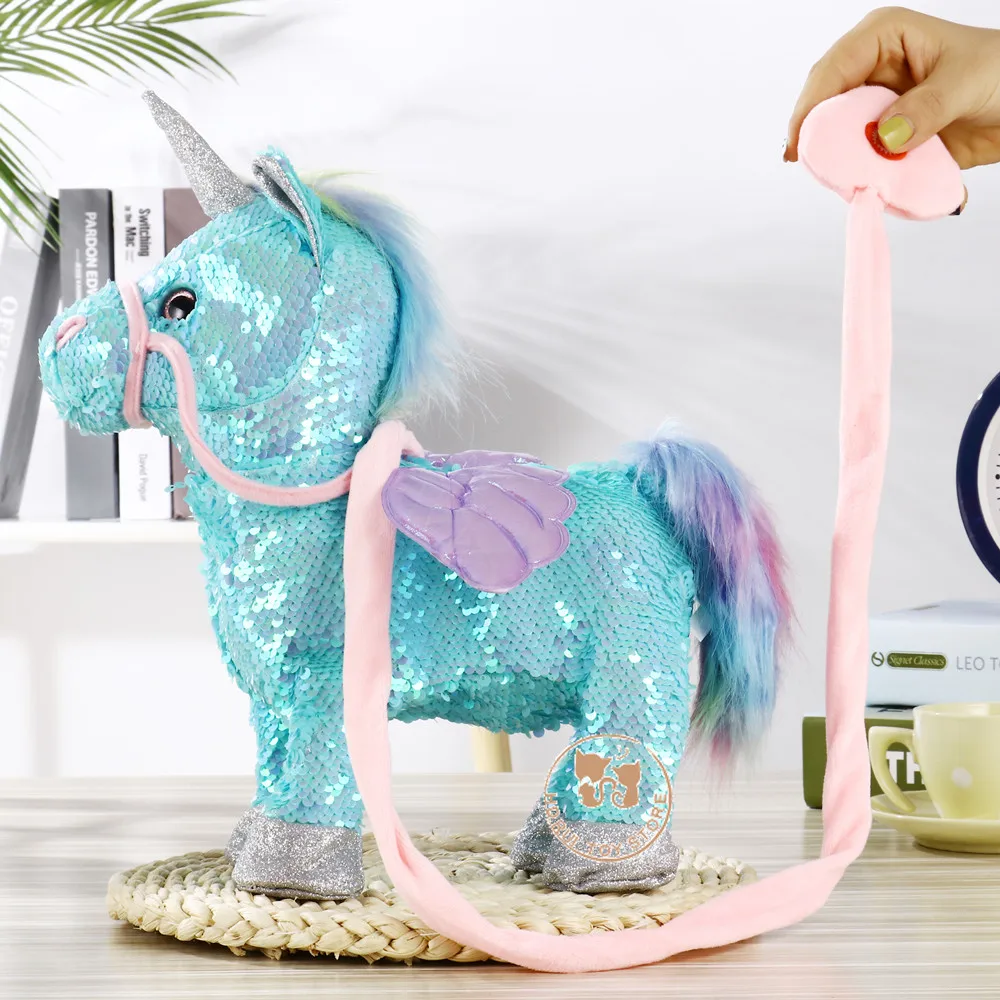 Новинка 2019 г. милый единорог с пайетками Электрический ходячий плюшевые игрушки