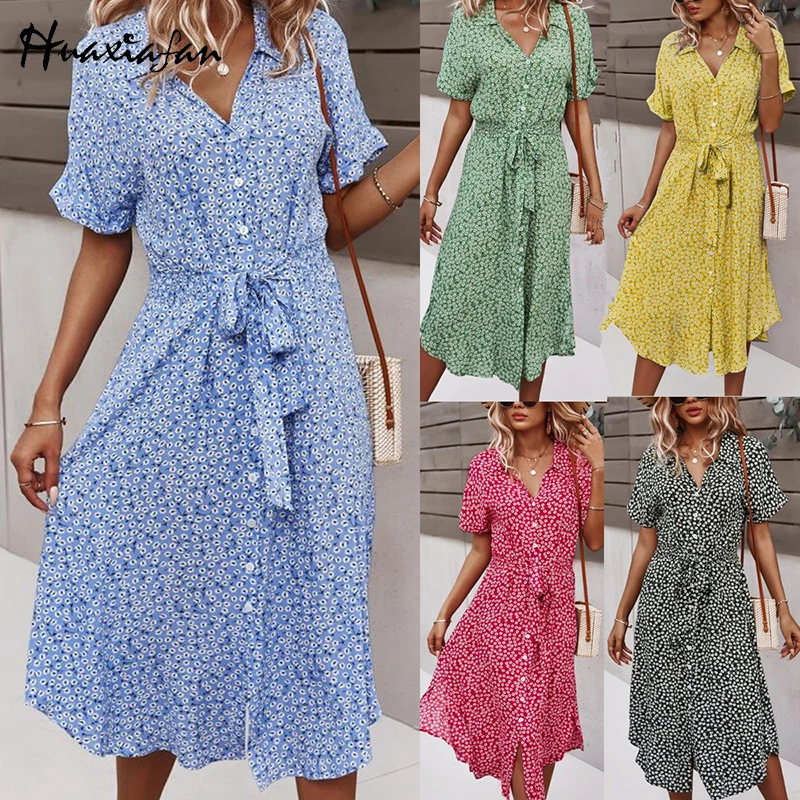 

Huaxiafan Boho Floral Print Long Dresses Women with Belt Plus Size Elegant Vacation Casual Summer Beach Midi Dress Female 2021