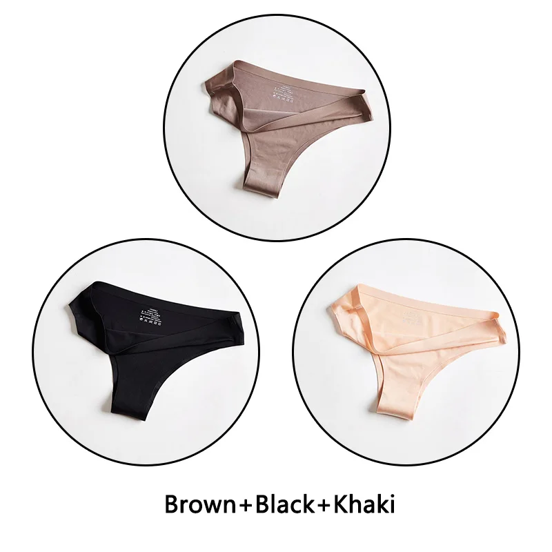 Brown Black Khaki 3 шт./партия, бесшовное женское нижнее белье, мягкие шелковые трусы, сексуальное женское белье, одноцветные трусы M-3XL трусы большого размера - Цвет: Brown Black Khaki