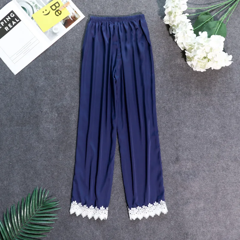 navy blue C Осенние женские атласные пижамные штаны Свободные повседневные пижамы одежда для сна штаны для отдыха домашняя одежда - Цвет: navy blue C