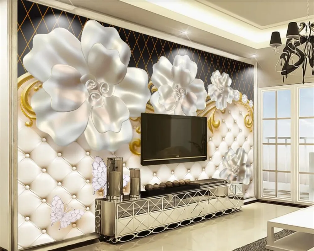 

Custom wallpaper mural 3D three-dimensional jewelry flowers high-end luxury soft package TV background wall decoration painting