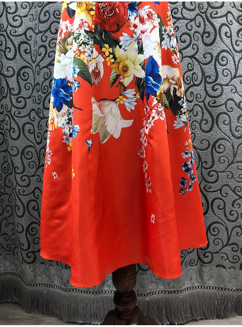 

Silk High Quality Dress 2021 Summer Fashion Clothing Women O-Neck Charming Floral Print Sleeveless Slim Fit & Flare Dress Orange