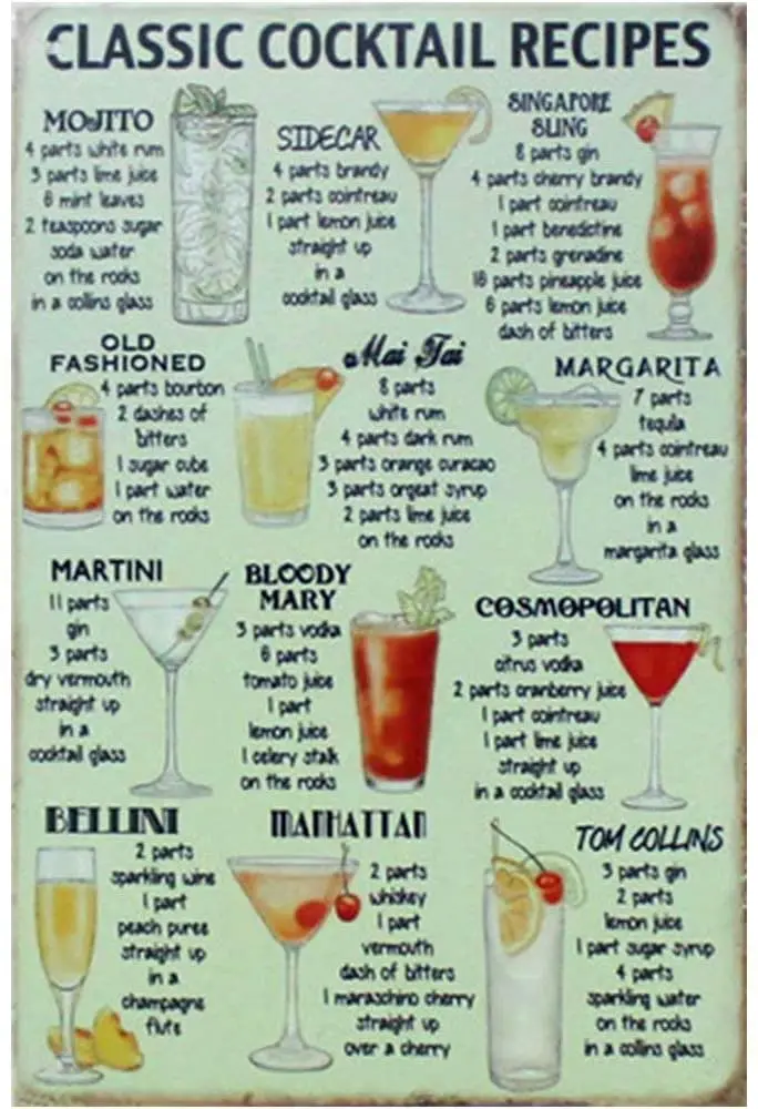 

Classic Cocktail Recipes Poster Funny Art Decor Vintage Aluminum Retro Metal Tin Sign Painting Decorative Signs