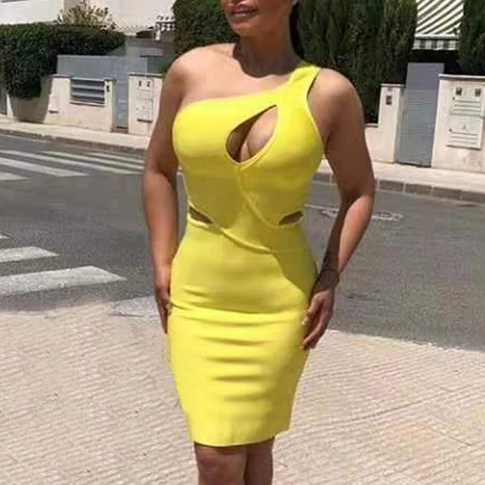 2021 Summer New Bandage Dress Yellow Sexy Sleeveless One Shoulder Hollow Bodycon Mini Dresses Club Evening Party Vestidos | Женская