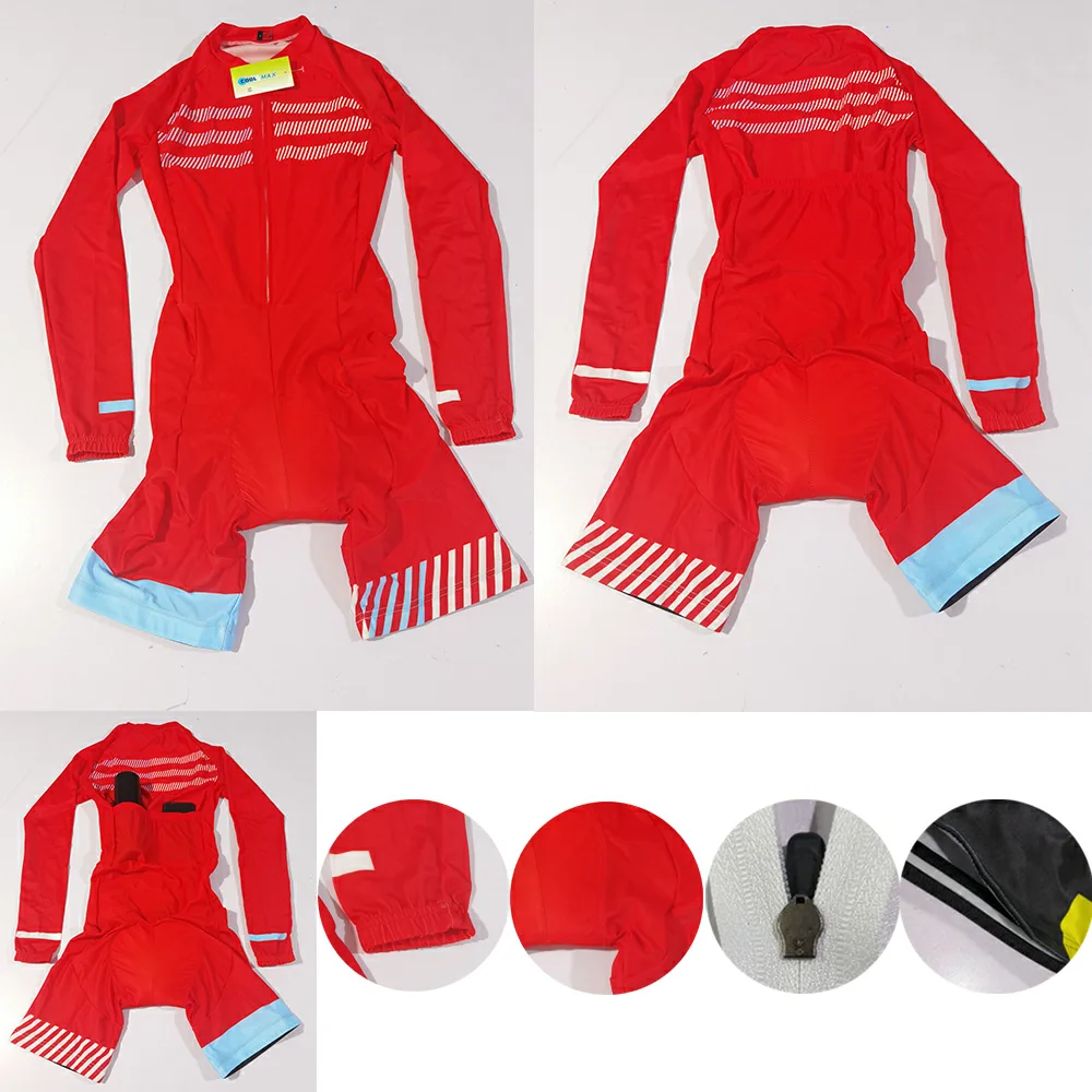 

kafitt Pro Team Triathlon Set Women's Cycling Jersey Jumpsuit Red Long Sleeve Macaquinho Ciclismo Feminino Bike Suit 20D Gel Pad
