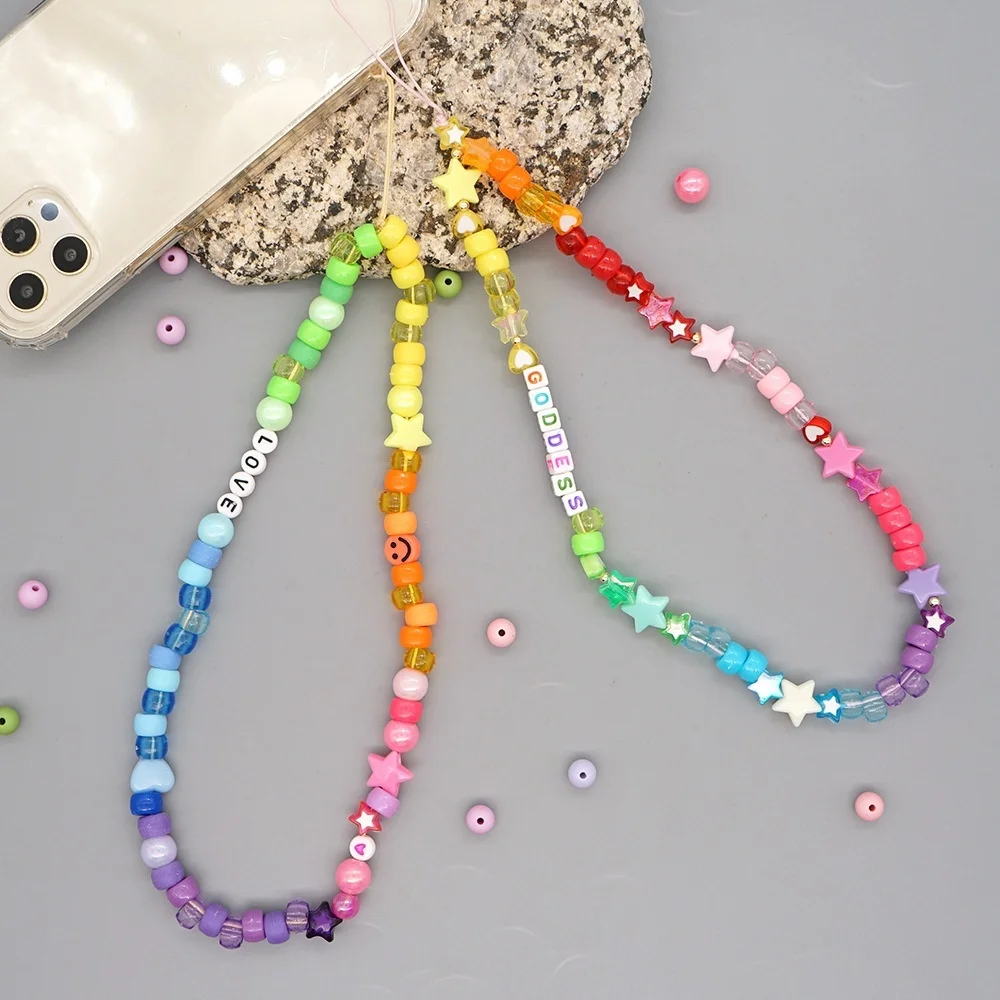 

2022 Chic Mobile Phone Chain Colorful Acrylic Star Beads Mobile Phone Chain Anti-lost Lanyard Cellphone Chain for Women