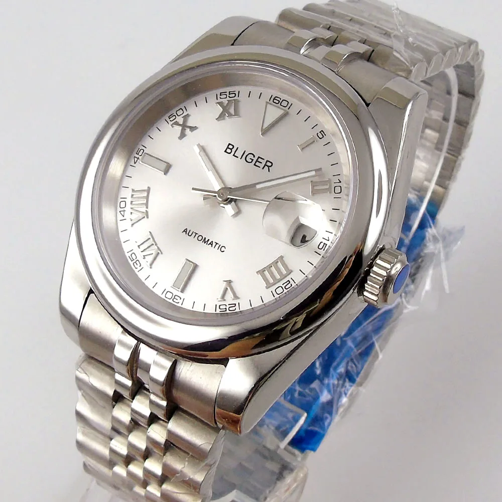 36mm Bliger Brand white Dial Sapphire Glass Polished Case Automatic Movement Men s Watch Bracelet Luminous hands