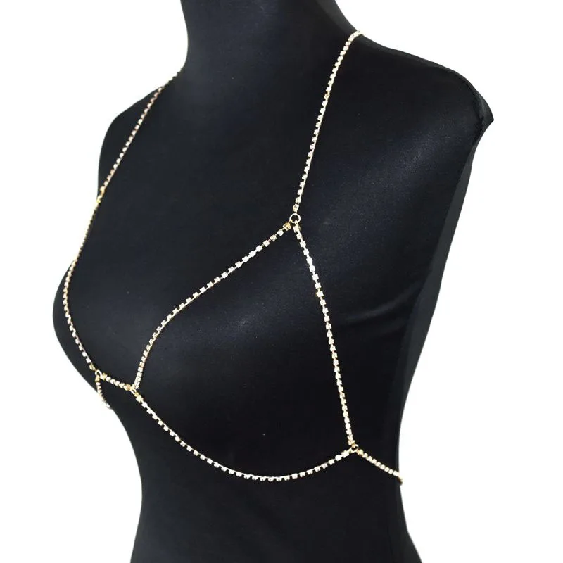 

Europe and America Trendy Woman Shining Sternal Chain Body Jewelry AAA Rhinestone Geometry Golden Beach Charming Bras Wholesale