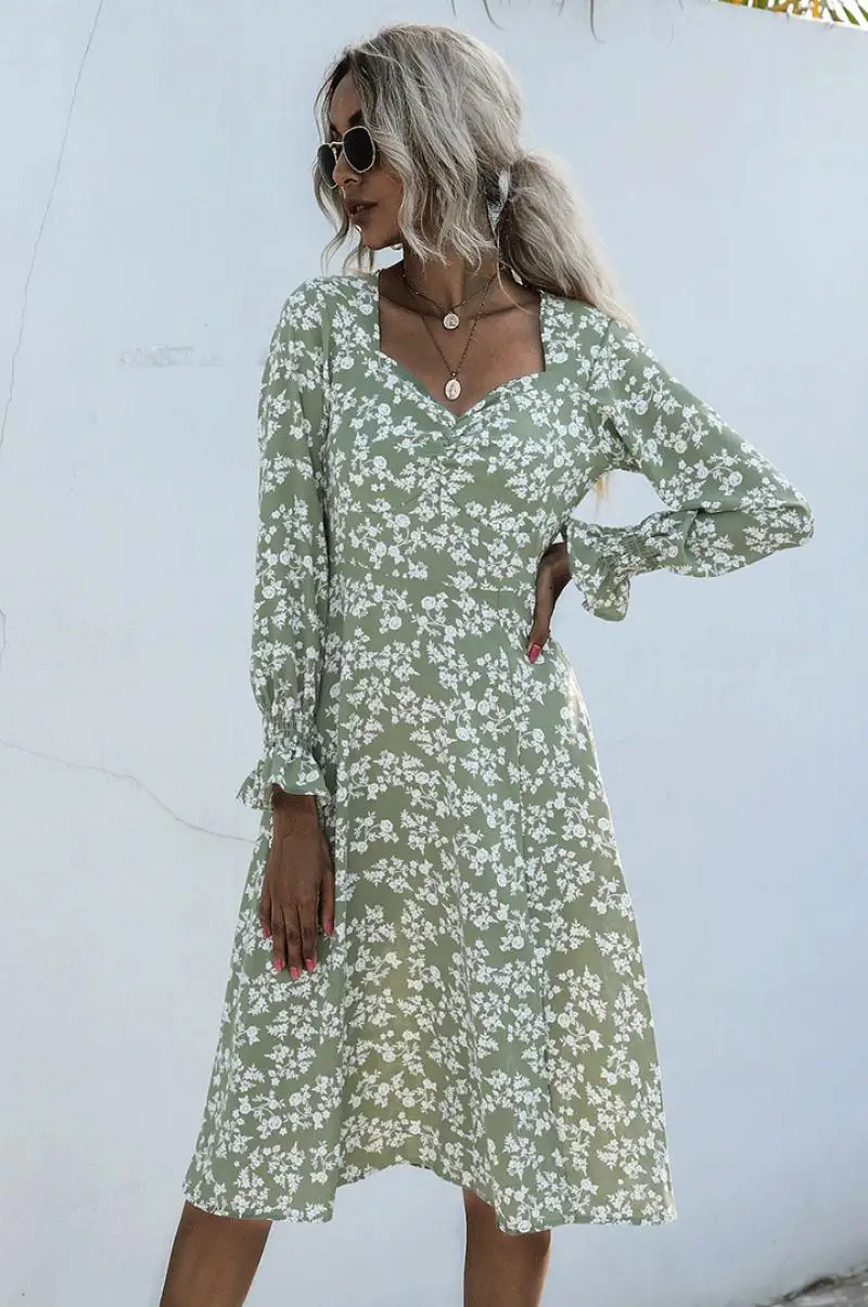 

Autumn Elegant Women's long sleeve Dress V-neck High Waist One-Piece Dress Vintage Floral Dress Commuter Clothing Casual Dress