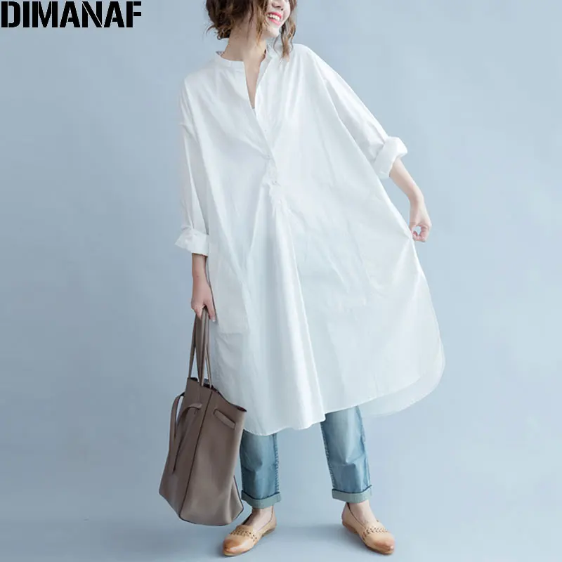 Женская блузка с разрезом DIMANAF повседневная однотонная белая из хлопка длинная
