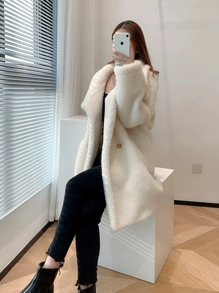 

White Women Jacket Winter Long Style 2021 New Fashion Casual Real Sheep Wool Overcoat Lamb Fur Oversized Turn-Down Collar FN0095