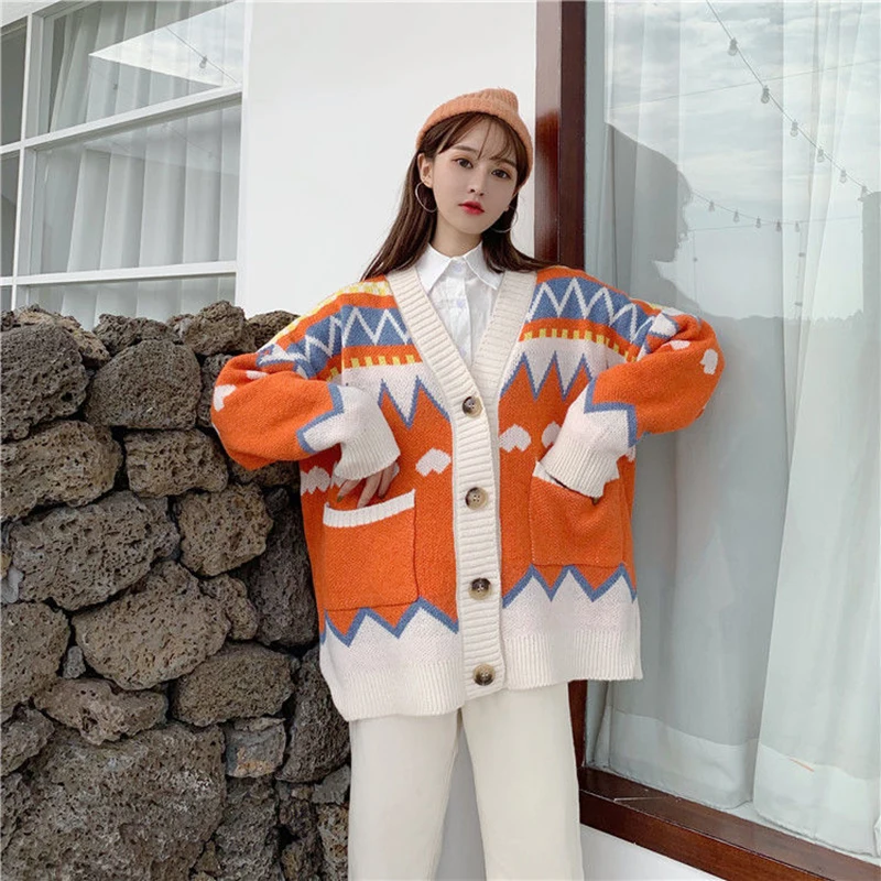 

Casual Printting Knitted Cardigans Women Long Sleeve V-neck Pockets Tops Single Breasted Cardigan Loose Pockets Female Sweaters