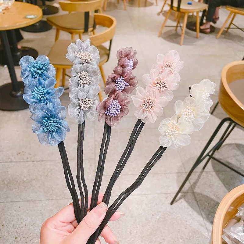 

New Women Elegant Bud Chiffon Flowers Bun Maruko Hairstyles Making Long Tools Sweet Headband Hairbands Fashion Hair Accessories