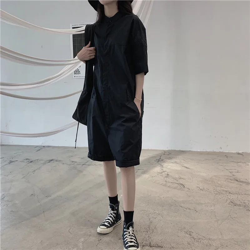 

20SS Women Jumpsuits Cotton Japanese Style Single-breasted Playsuits Dark Owen Gothic Loose Pocket Bodysuits Female High Street