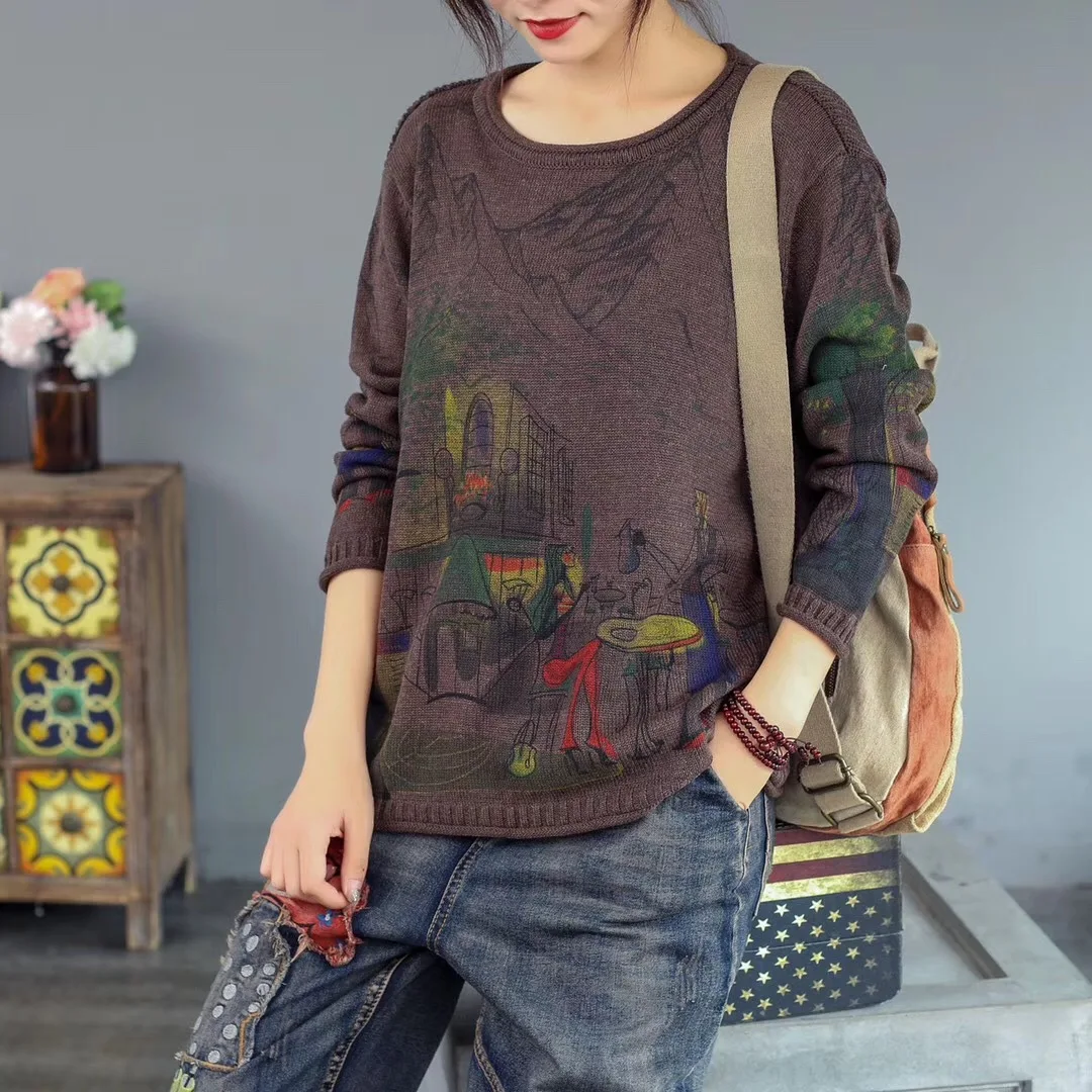 Осенне-весенний свитер для женщин в стиле ретро свободный с круглым вырезом и
