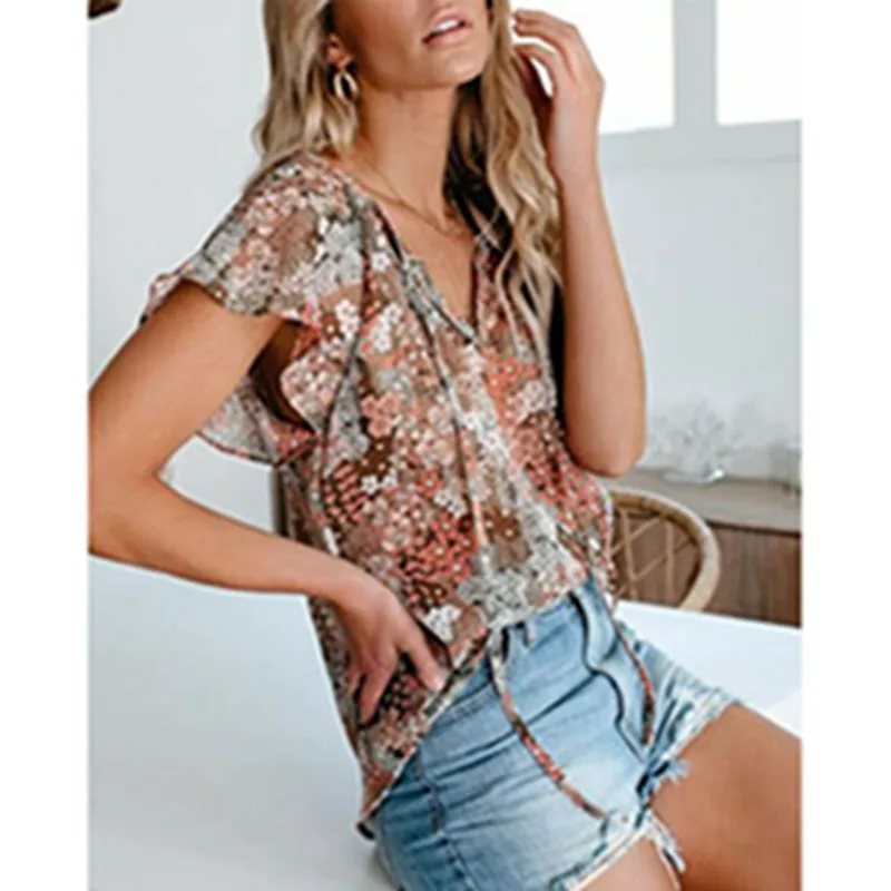 

Fashion Women Summer Short Sleeve Floral Print V Neck Blouse Casual Loose Tops