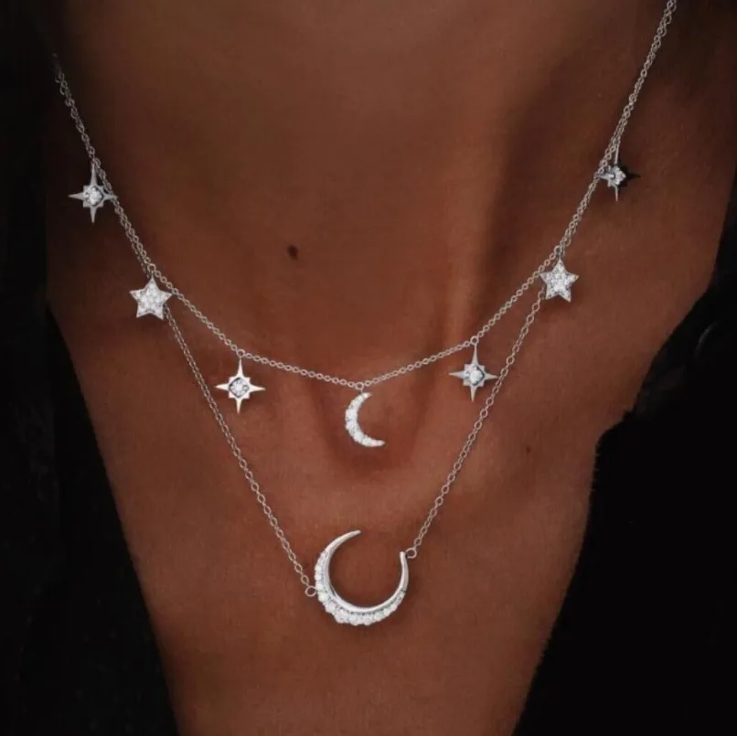 

WANGAIYAO new fashion personality full diamond five-pointed star moon multilayer necklace female temperament wild clavicle chain