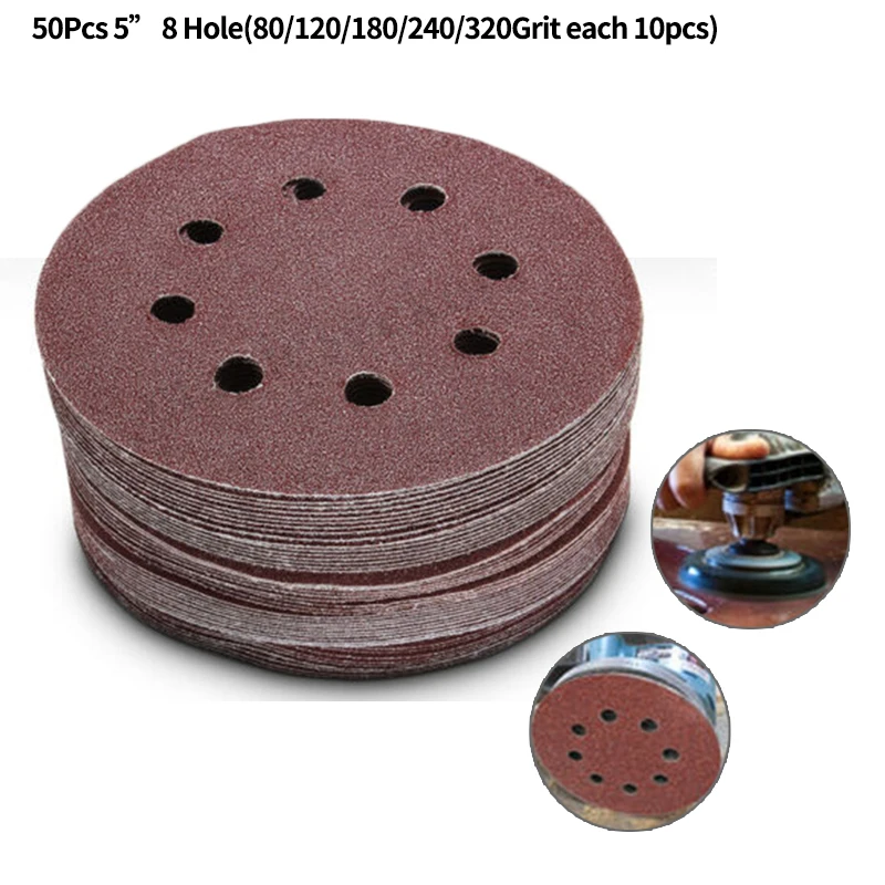 

50Pcs 5 Inch 8 Hole Sanding Disc Sandpaper Hook And Loop 80-320 Grit Durable