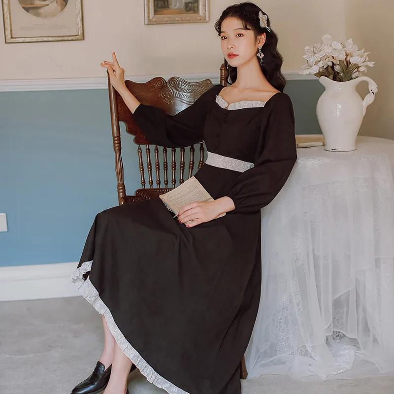 

New fall 2020 lace cut out French retro bubble sleeve square neck dress A-Line dress for women plus size women clothes
