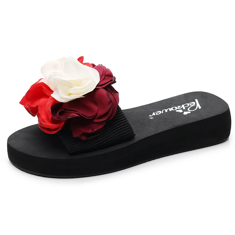 

Female Shoes Summer Clogs Woman Flower Ladies' Slippers Low 2021 Beach Cotton Fabric TPR Slides Hoof Heels Floral Sweet PU