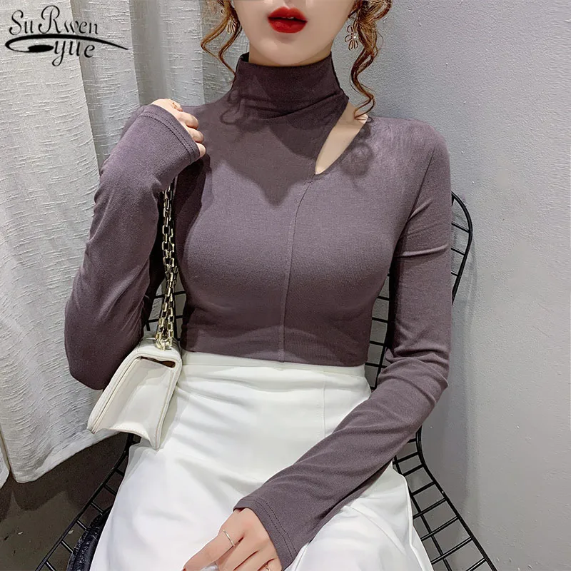 

Women's Turtleneck Bottoming Shirt Autumn and Winter 2021 New Collarbone Hollow Out Top Long Sleeve Women's Blouse 12138