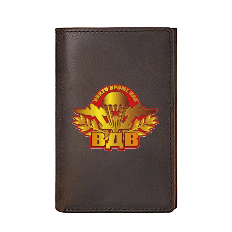 

High Quality Men Wallet Genuine Leather НИКТО КРОМЕ НАС ВДВ Printing Card Holders Women Slim Mini Short Purse